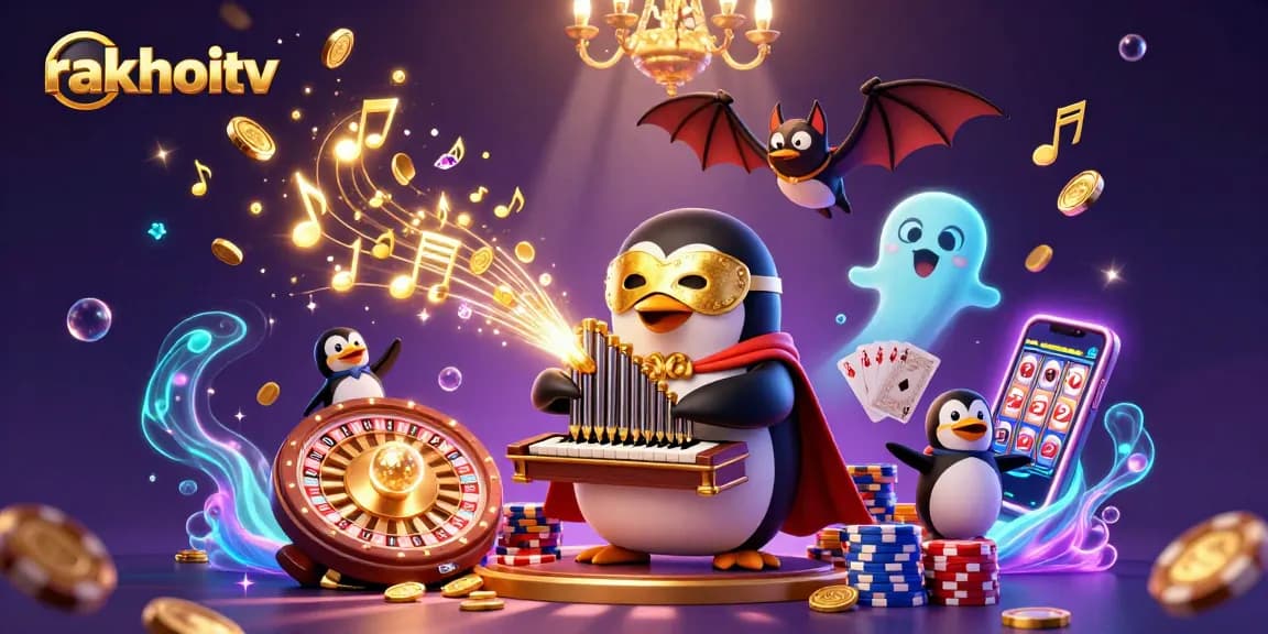rakhoitv offers a vibrant casino-themed illustration featuring a penguin playing an organ amidst floating coins and gems.