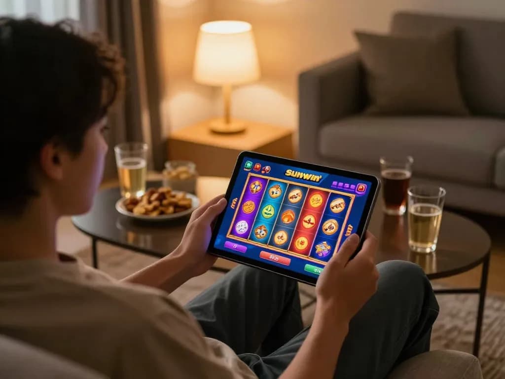 Engaging home gaming moment with Sunwin slot games displayed on a tablet, capturing relaxed online gambling.