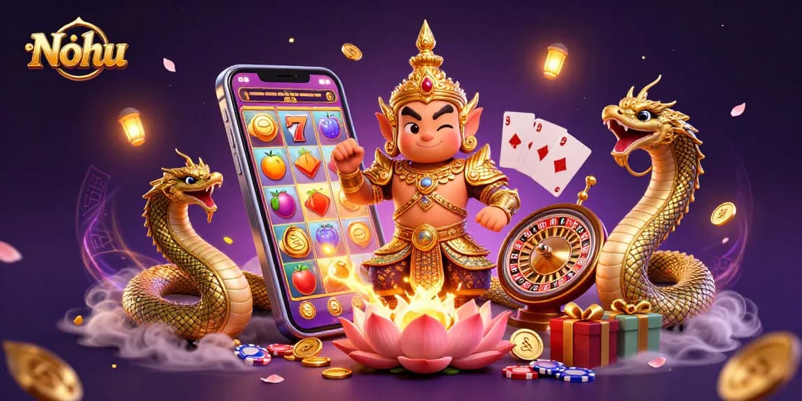 Nohu slot game guardian amidst colorful slots and jackpots, showcasing excitement in online gaming.