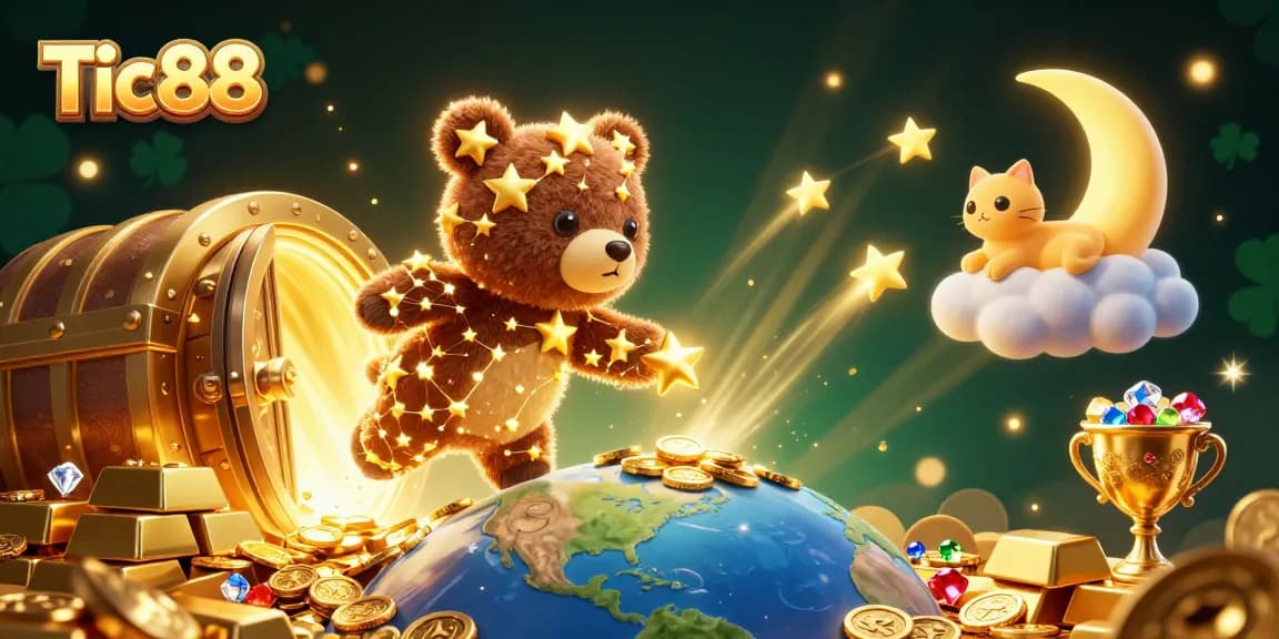 Tic88 players dive into the excitement with vibrant 3D illustration showcasing a galaxy of coins and rewards in a stellar casino setting.