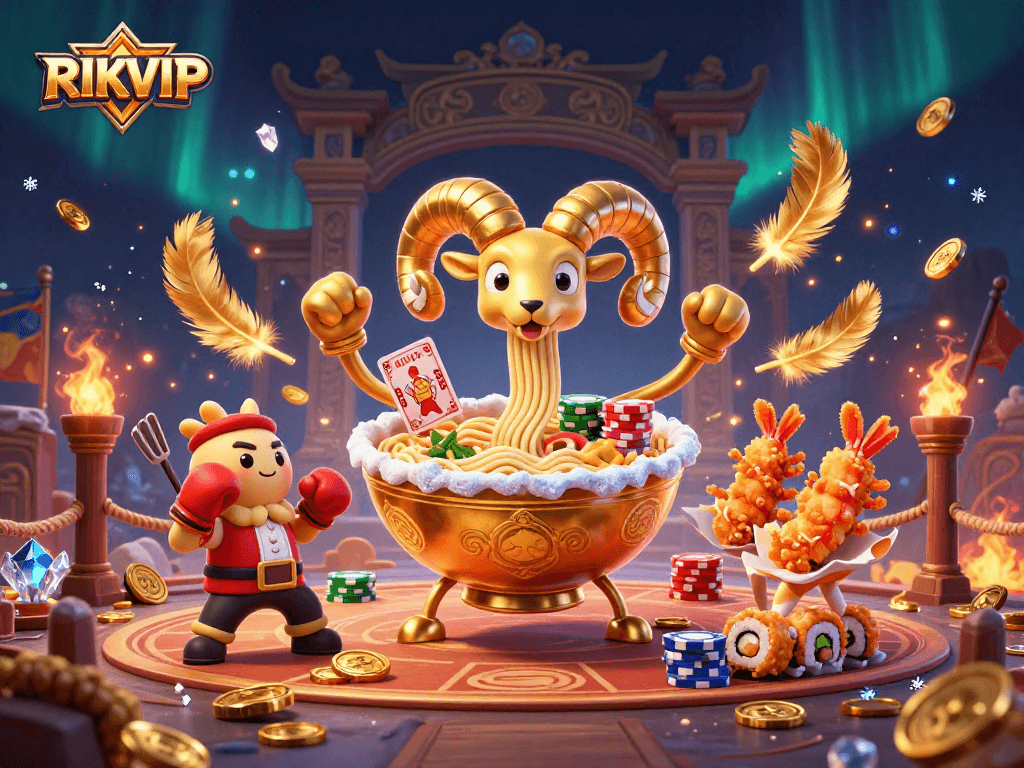 Experience the thrill of RIKVIP with interactive elements and engaging characters in this vibrant casino-themed illustration.