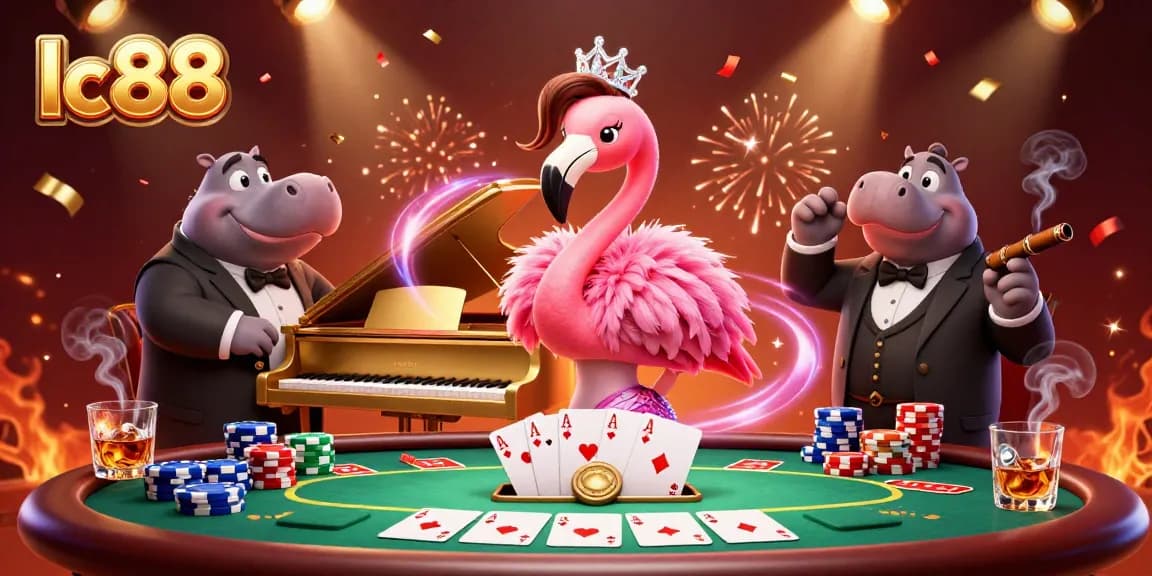 Experience excitement at lc 88 with flamingo and hippo entertainers surrounded by poker elements.