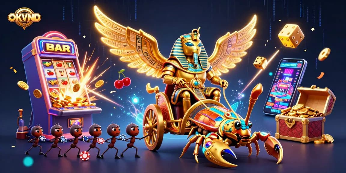 Engage with OKVND's vibrant casino world featuring a golden scarab and dynamic gaming elements.