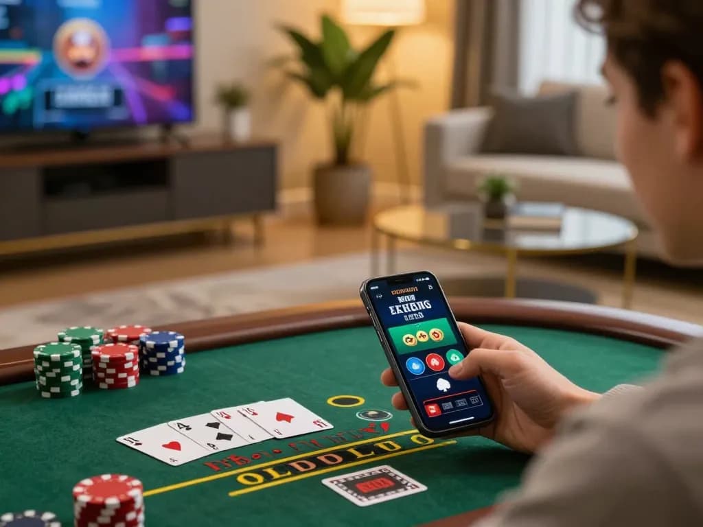 C168 online gaming experience with vibrant black jack gameplay on a smartphone in a cozy setting
