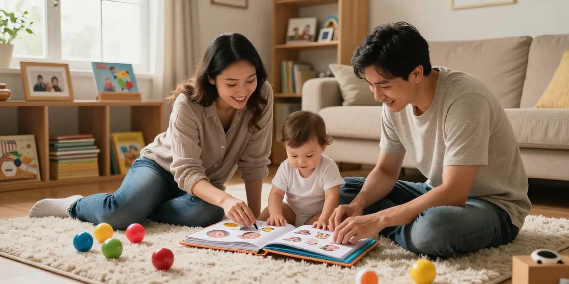Freudige Momente einfangen, während Babyalbum kaufen in einem gemütlichen Wohnzimmer mit Familienerinnerungen.