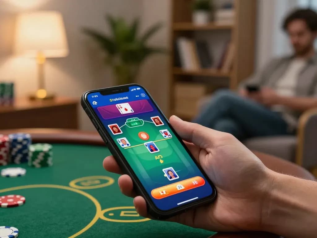 Engaging poker gameplay on max88net's mobile app in a cozy home setting.