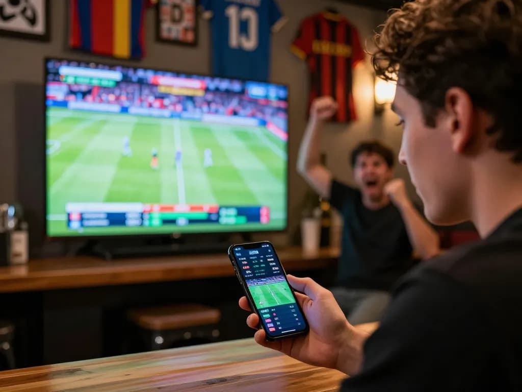 Soi kèo strategies during intense sports betting at a lively sports bar with friends.