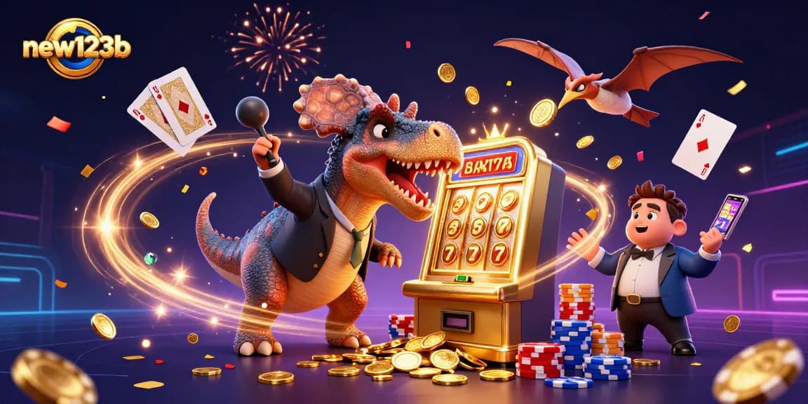 Experience jackpot wins with new123b in a vibrant 3D casino scene featuring dynamic characters and action.
