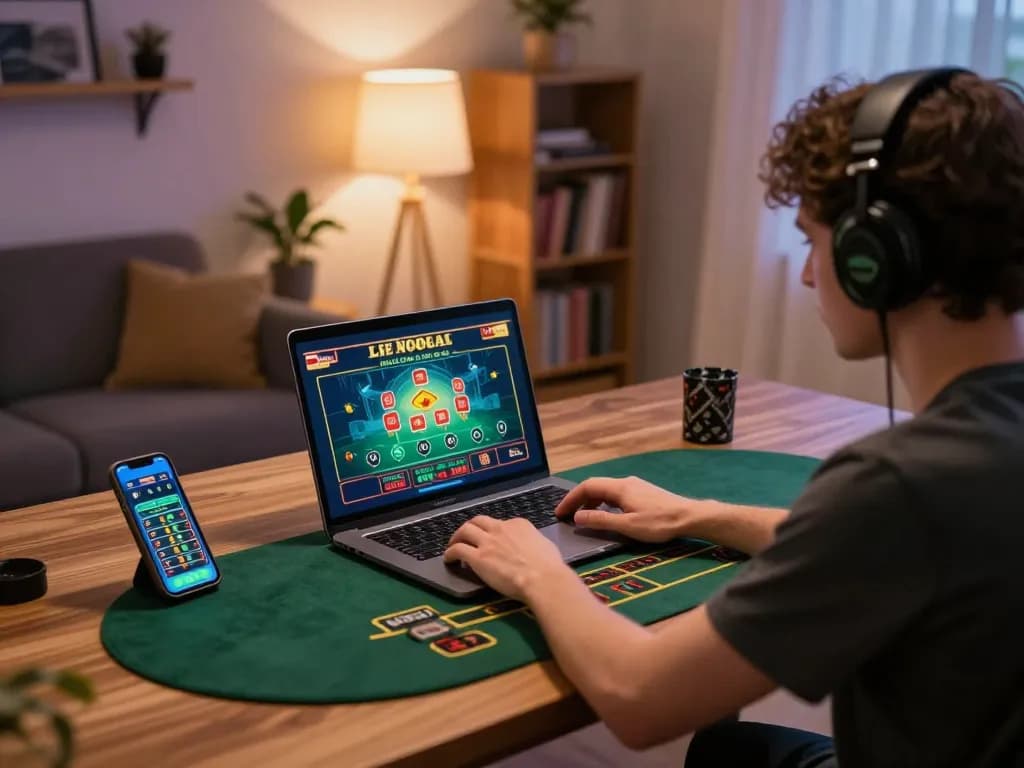 I9BET user engaged in online gaming at home with laptop and smartphone.