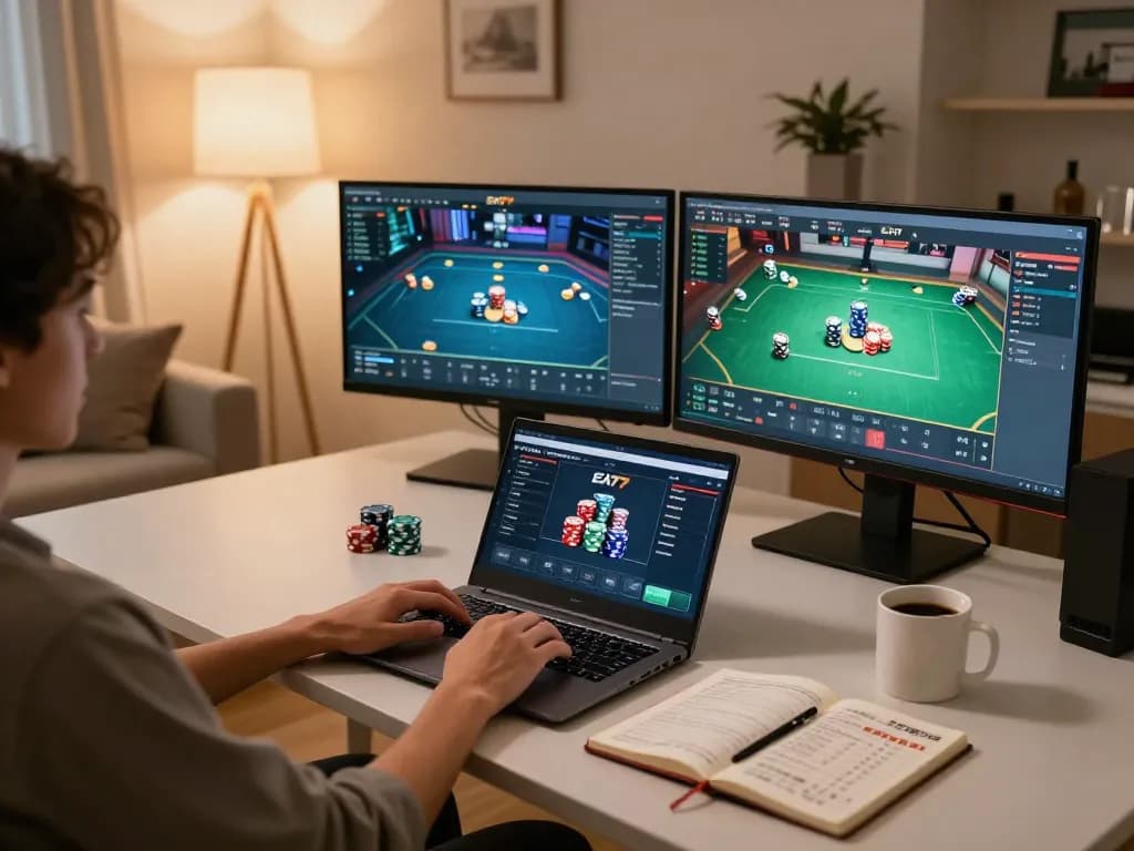 Player engaging in EA77 online poker game at home, revealing strategic gameplay with cozy atmosphere