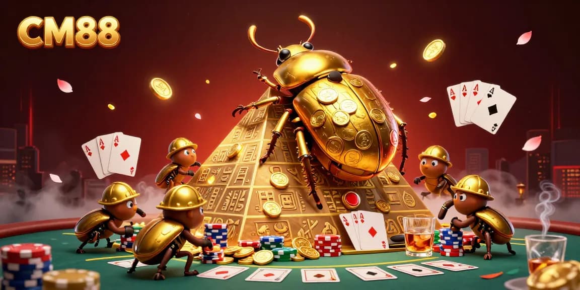 Experience excitement at CM88 with a golden beetle rolling coins amidst vibrant casino elements.