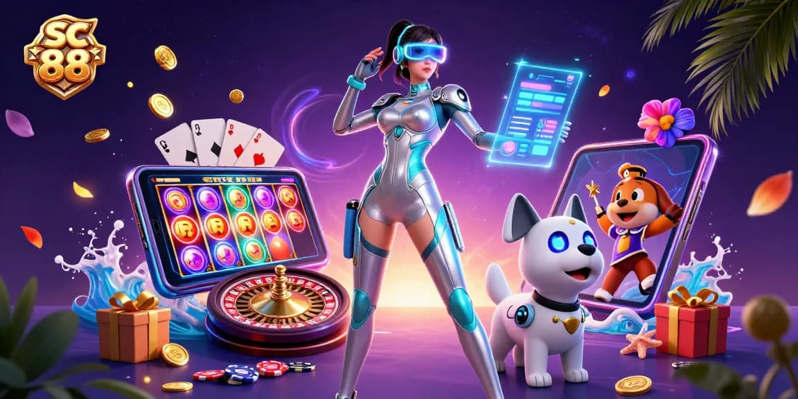 Engage with sc 88 through a vibrant 3D casino scene showcasing games and futuristic design elements.