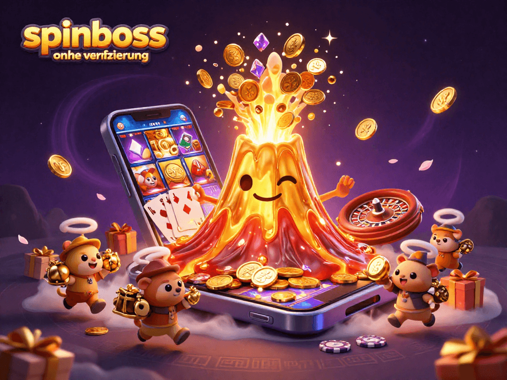 Spinboss ohne Verifizierung: 3D-Casino-Illustration mit Vulkan und Gewinnschätzen