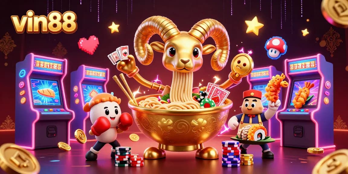Experience excitement at vin88 with a golden ramen bowl character stacking chips and cards.