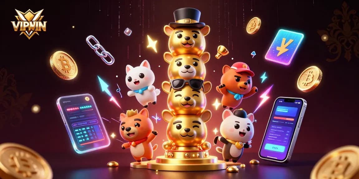 Engage with VIPWIN's vibrant casino adventure featuring a golden totem and glowing crypto elements.