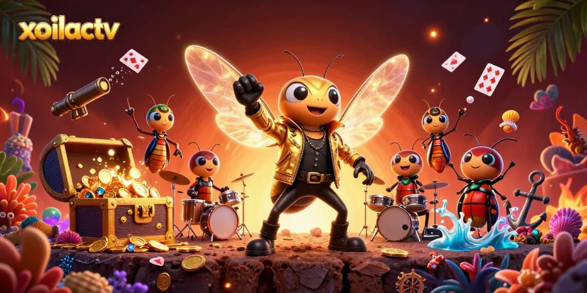 Xoilactv unleashes an action-packed scene of a cicada rock star with vibrant treasures and game elements.