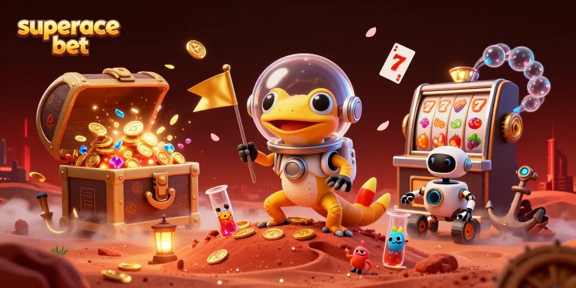 Experience superace bet with a Martian gecko exploring a golden casino amidst treasures.