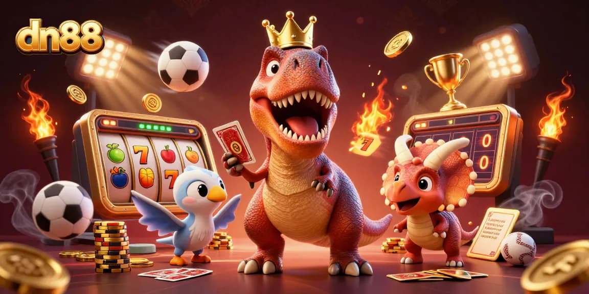 Experience the excitement of dn88 with a T-Rex shuffling cards and friends at the casino.