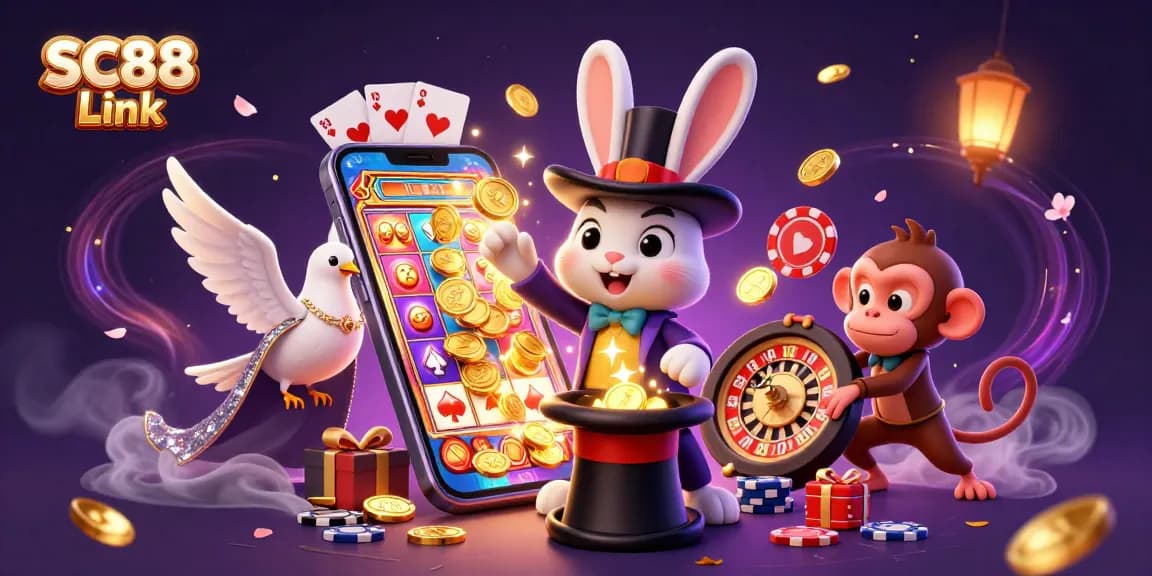 Engage with the exciting SC88 Link showcasing a magical rabbit pulling golden coins amidst casino games.