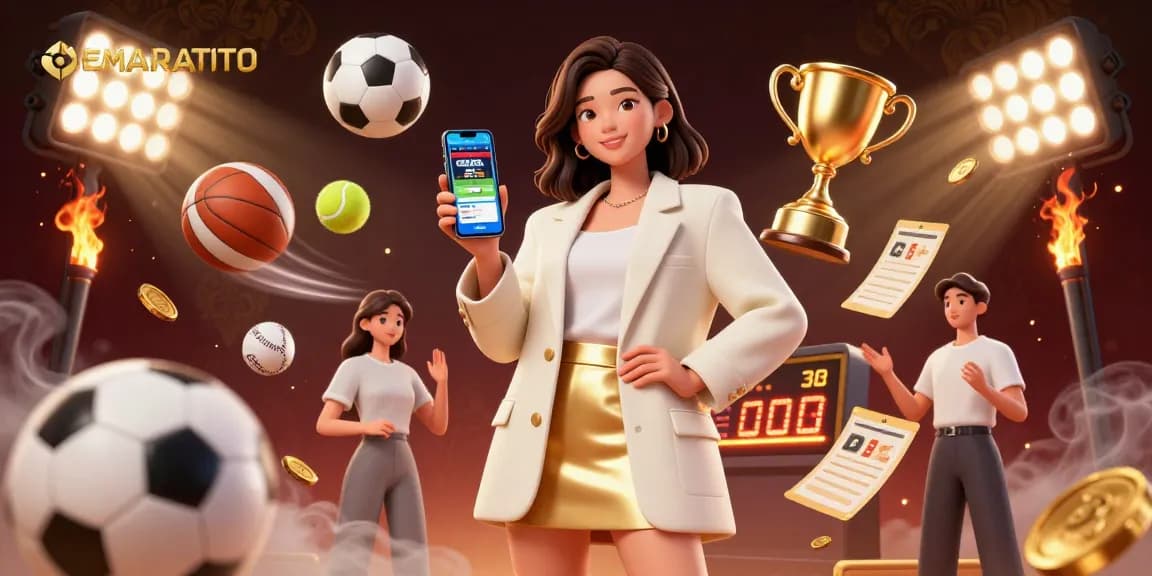 CEMARATOTO offers an immersive sports betting experience, featuring a woman engaging with a mobile app in a vibrant casino atmosphere.