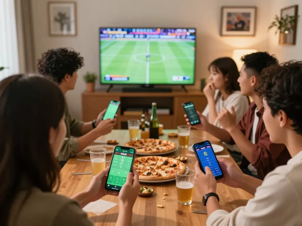 Friends placing bets on DA88 during an exciting sports event at home, enjoying camaraderie and strategy.