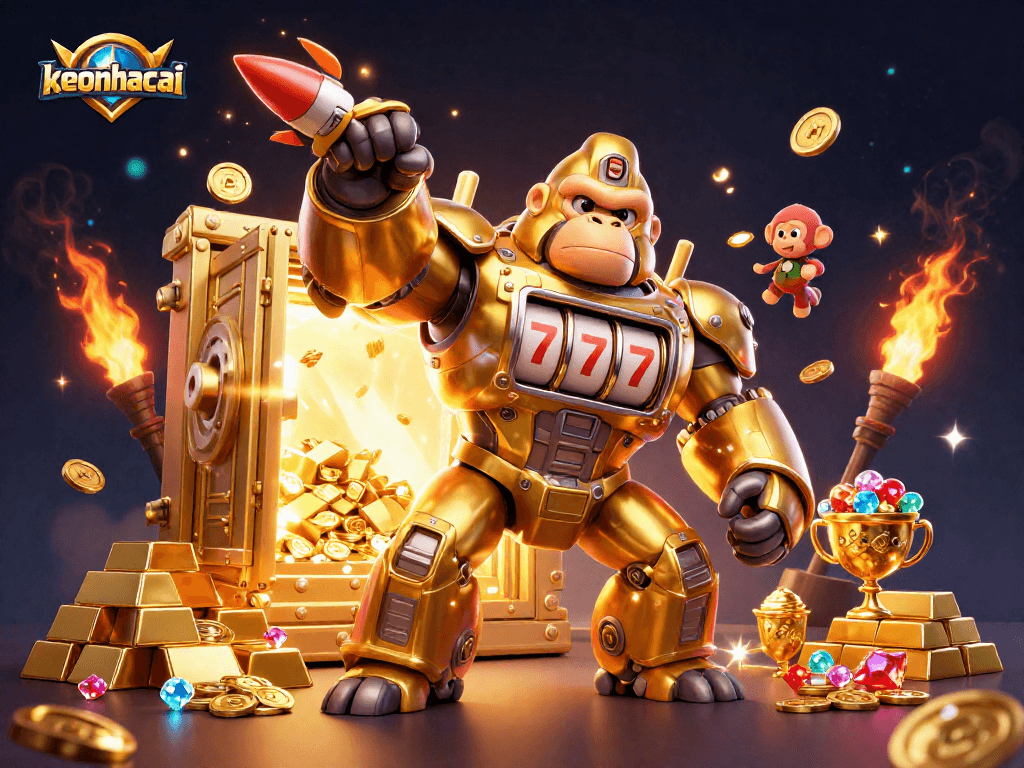 Experience thrilling action with the keonhacai golden gorilla mech amidst riches in this vibrant scene.
