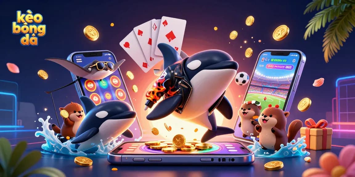 Engage in kèo bóng đá with playful sea creatures and dynamic sports betting elements erupting around.