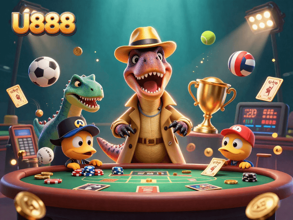 U888 showcases a velociraptor card counter in a blackjack scene with a sneaky compy and suspicious stegosaurus pit boss.