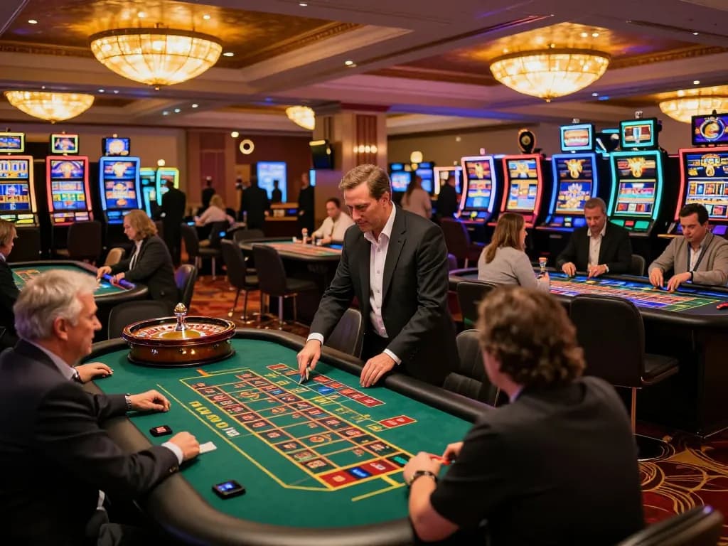 Engaging gaming scene showcasing casino online esteri with players at roulette tables under elegant lighting.