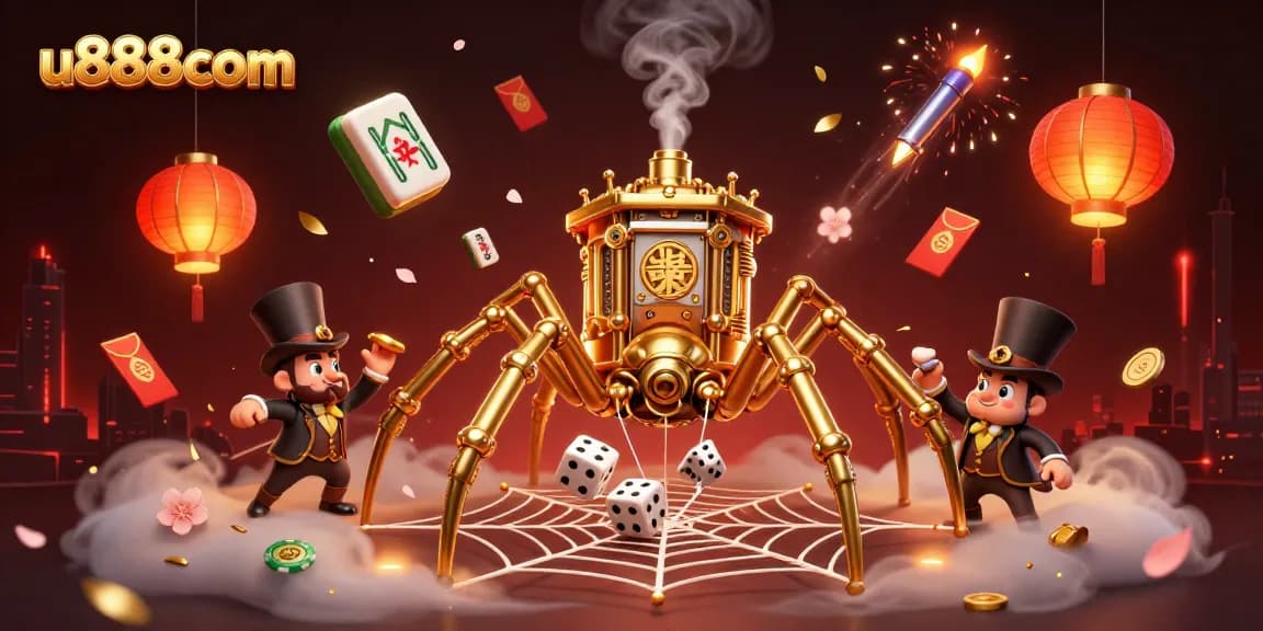 Capture the thrilling atmosphere of u888com with a steampunk spider and poker-themed illustration.