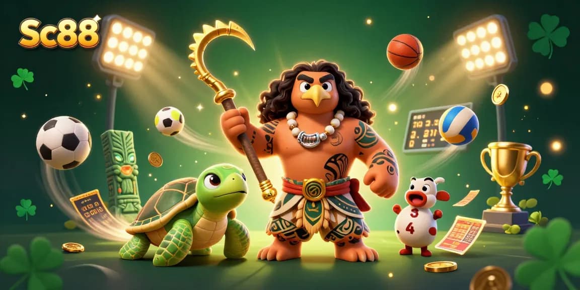 Engaging Sc88 scene showcasing a demigod and turtle amidst dynamic gambling elements.