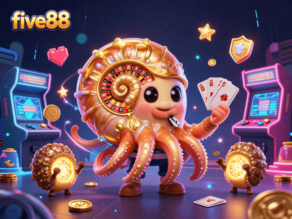 Experience thrilling gameplay at five88 with a dynamic 3D casino illustration showcasing a giant nautilus and glowing elements.