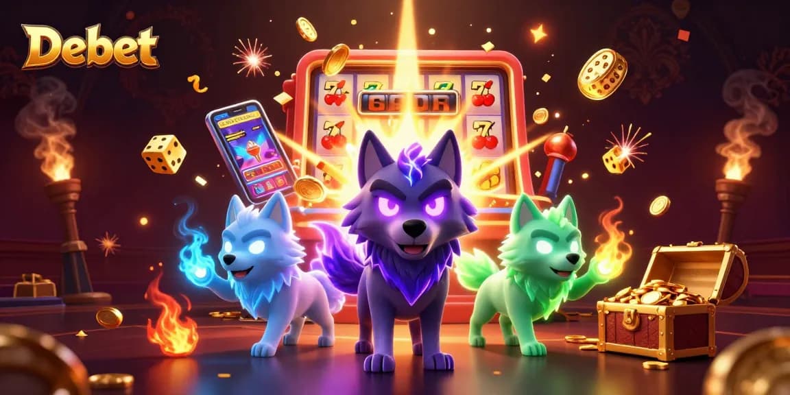 Debet showcases a dynamic scene with ghostly wolves and a jackpot slot explosion in a casino setting.
