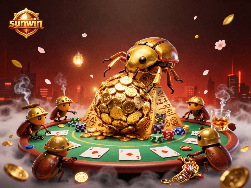 Experience sunwin's vibrant casino atmosphere with a 3D illustration featuring golden beetles and poker elements.