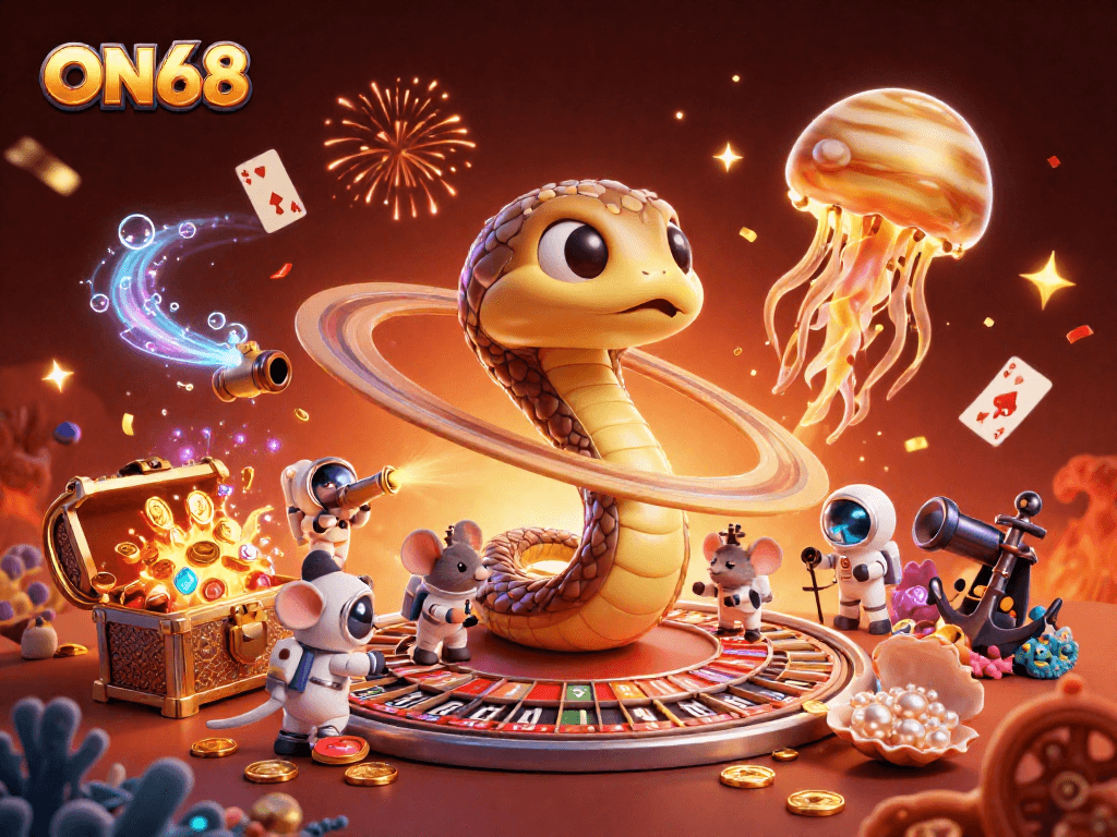 Engage with ON68's thrilling casino experience featuring playful astronauts in a roulette scene.