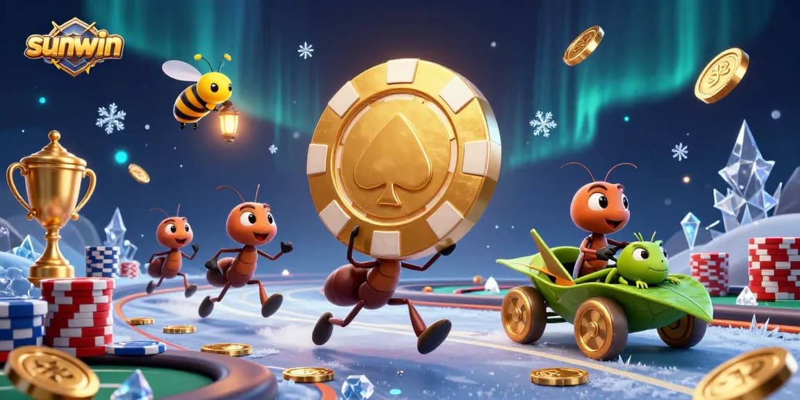 Sunwin casino experience showcased with animated ants running a heist with poker chips in a dynamic 3D illustration.