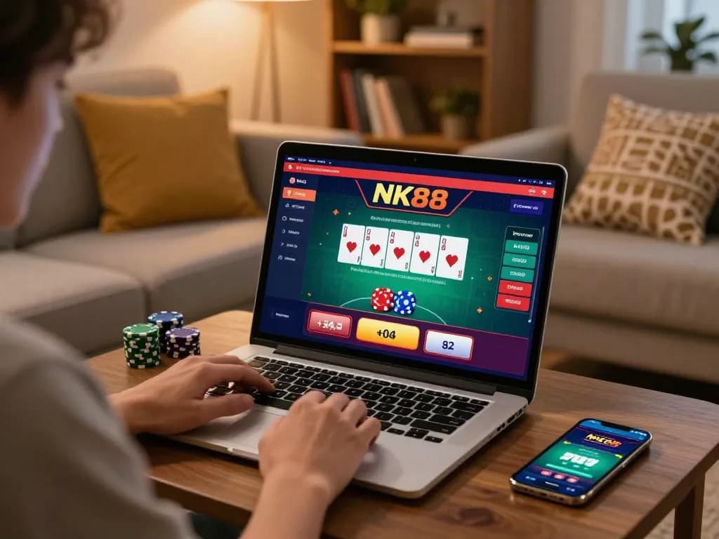 Player engaging in NK88 online casino gaming from a cozy home setup with poker cards visible