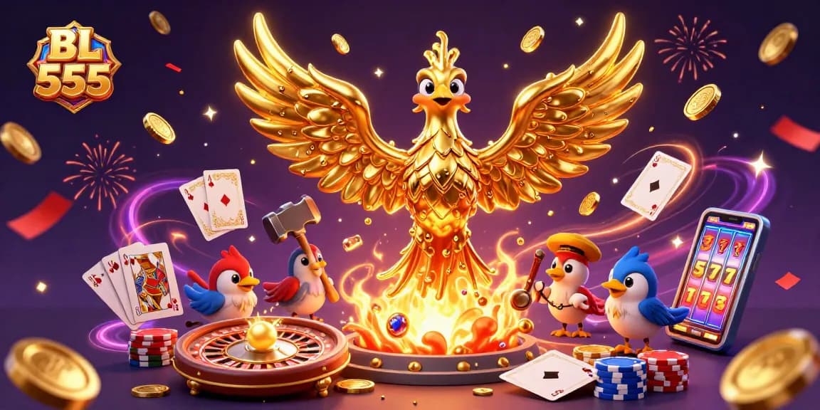 Experience thrilling wins with BL 555 at this vibrant casino illustration featuring golden phoenixes and dynamic gaming elements.