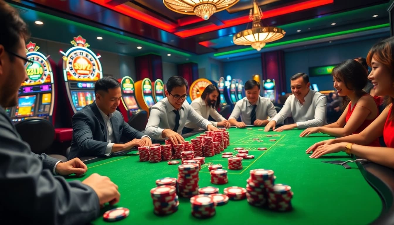 Experience the excitement of NK88 in a vibrant casino scene filled with poker chips and roulette wheels.