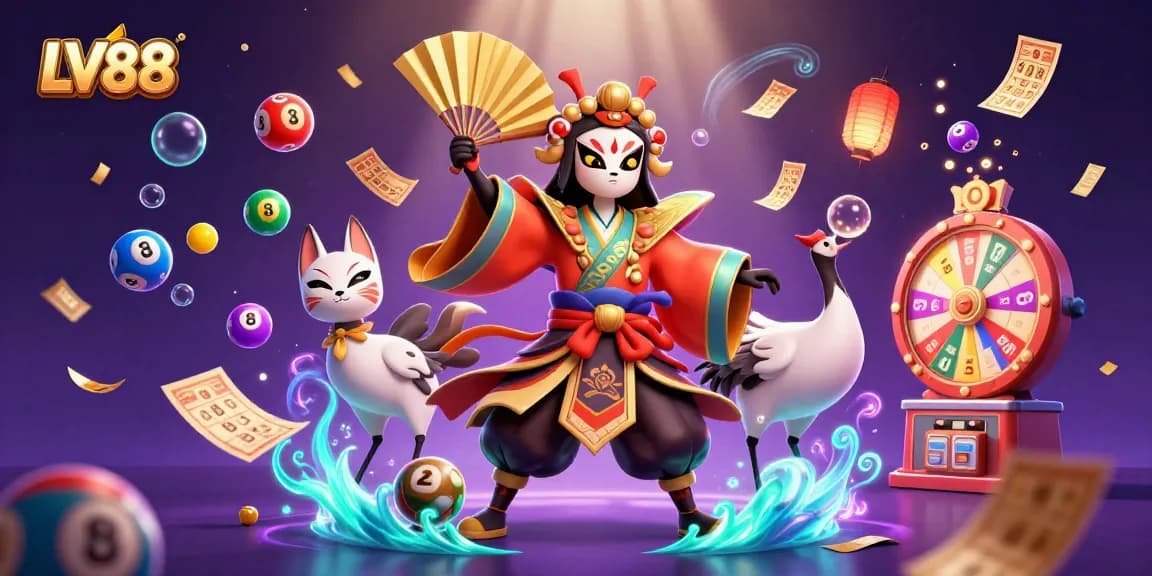 Experience thrilling lottery action with LV88's vibrant game elements and colorful characters.