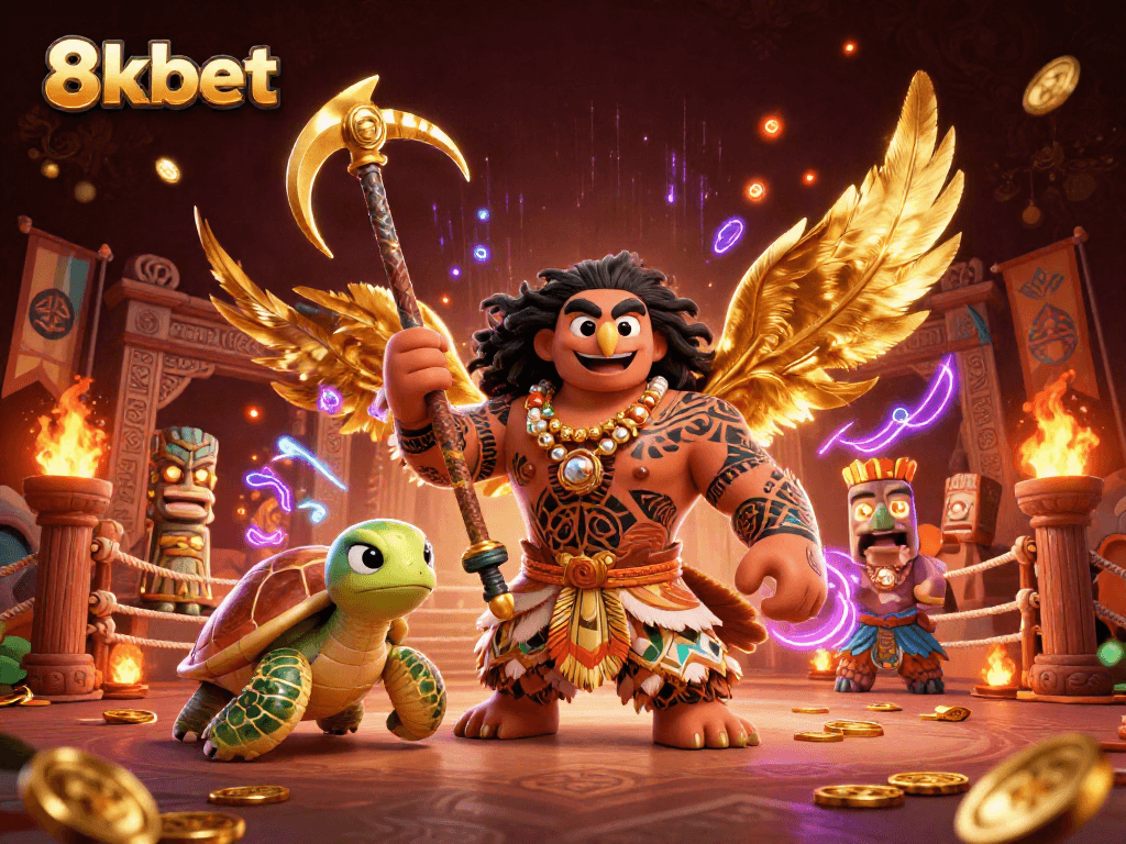 Immerse in the excitement of 8kbet with a vibrant scene of a demigod hawk and turtle amidst casino elements.