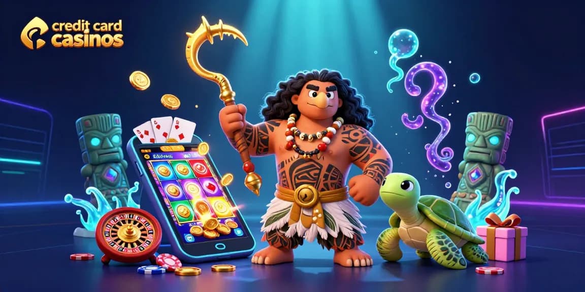 Engage with thrilling credit card casinos showcasing a Polynesian demigod and exciting gaming elements.