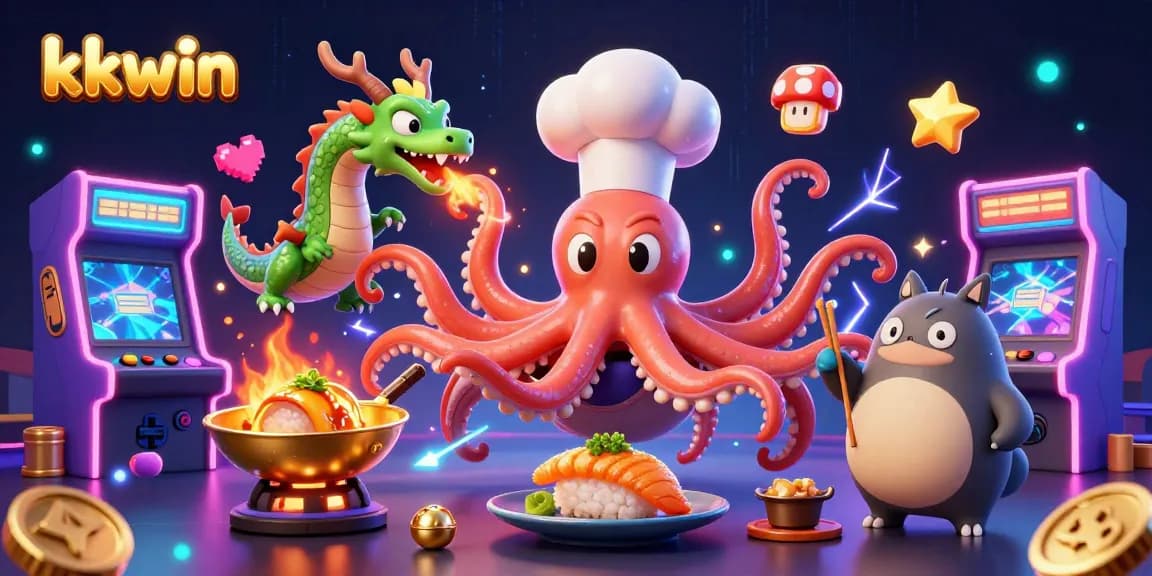 Experience thrilling gameplay at kkwin where a sushi chef octopus serves golden dishes amidst vibrant gaming elements.