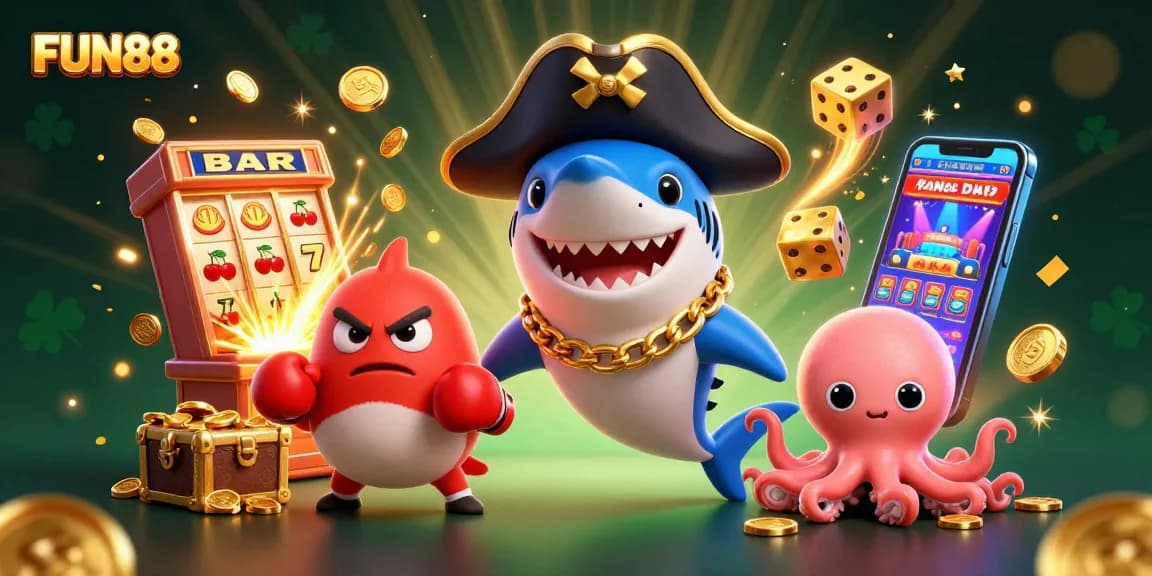 Experience excitement with FUN88 in a vibrant 3D casino scene filled with colorful characters and jackpot elements.