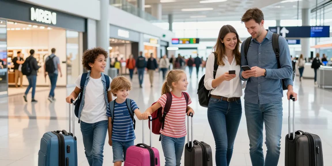 Flughafentransfer Frankfurt scene with family at airport terminal, capturing the joy of travel.