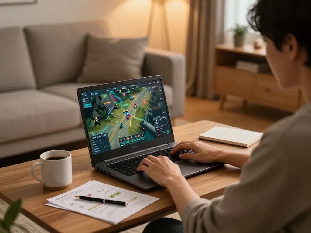 Engaging in online SC88 BET gaming with a laptop in a cozy living room setup.