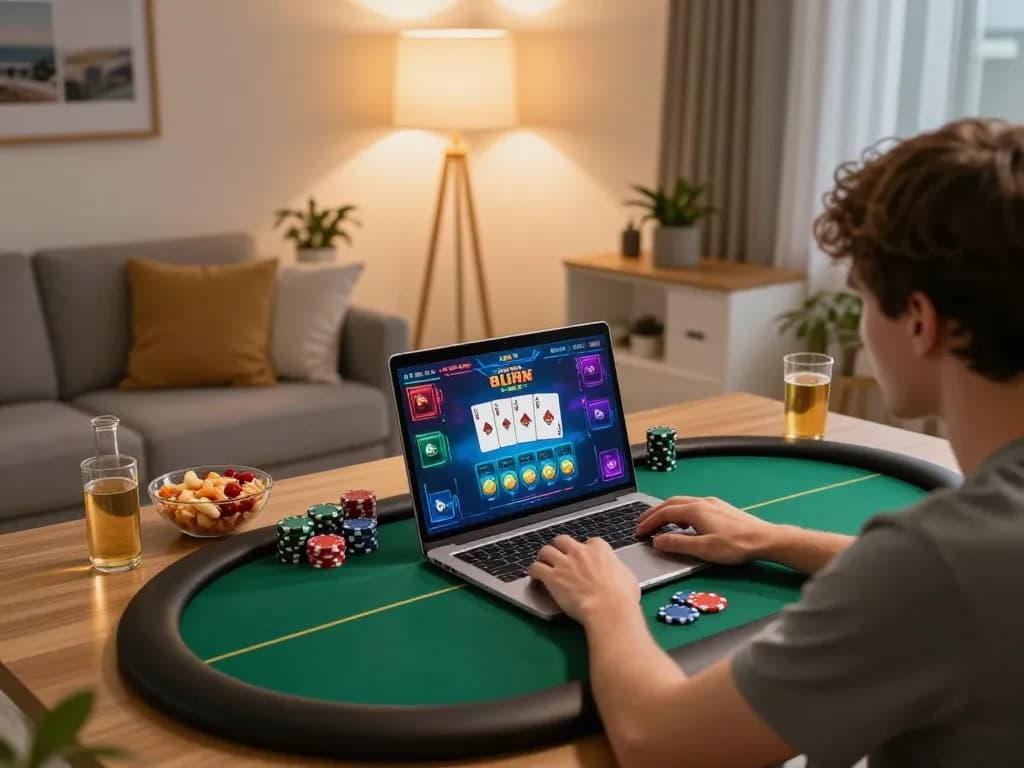 Participant engaged with 33win 68 online poker setup, showcasing gaming interface, cards, and chips