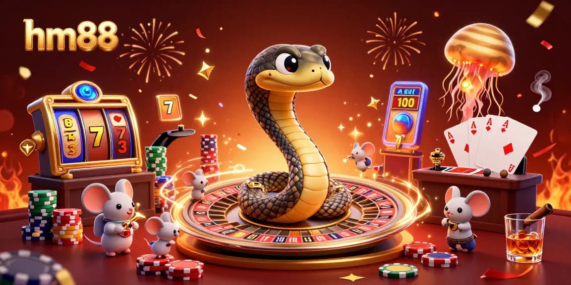 Spin the reels at hm88, featuring a whimsical casino scene with vibrant characters and colorful jackpots.