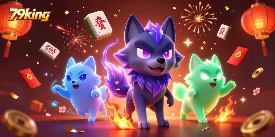 Engage with 79king's vibrant casino experience illuminated by shadowy wolves and celebratory elements.