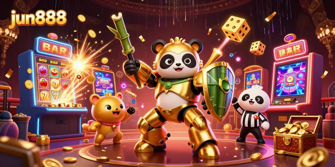 Experience thrilling wins at jun888 with a 3D scene of animated casino giants and jackpot symbols.
